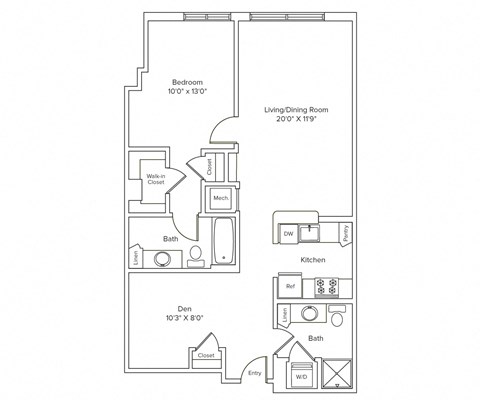 Floor plan for 1 bed, 2 baths, 899 sqft